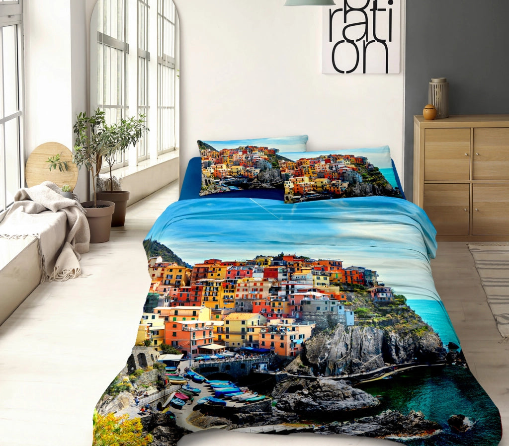 Completo Letto Lenzuola 100% Cotone Set Lenzuolo Moderno Sotto Sopra Federe Due Stampe In Altissima Definizione Dis45CinqueTerre - Matrimoniale