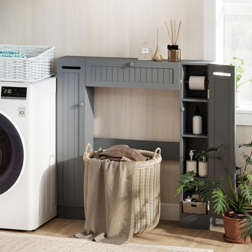 Mobile sopra il wc con ripiani regolabili portarotolo per carta igienica, Mobile per bagno salvaspazio Grigio-Armadietti da bagno