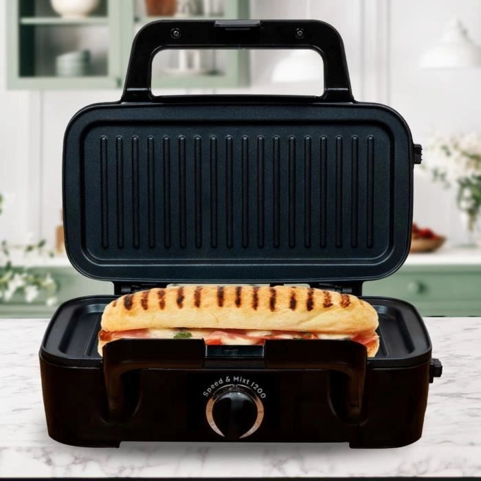 LITTLE BALANCE 8368 Speed'n Mixt 1200, Piastra per waffle e grill 2 in 1, 1 piastra per waffle, 1 piastra grill intercambiabile, 1200 W, Acciaio inossidabile