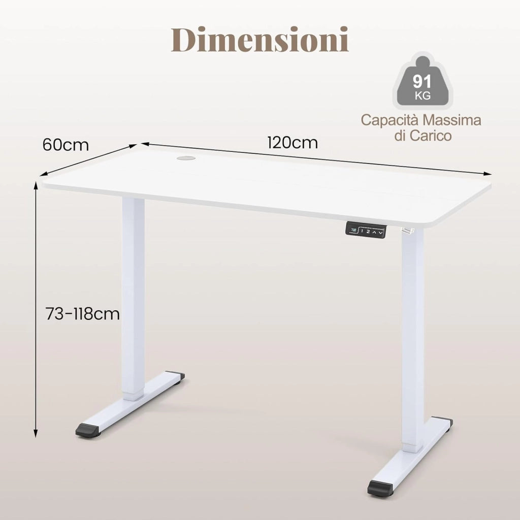 Scrivania Elettrica Regolabile in Altezza 120 x 60 x 73-118 cm, con Funzioni di Memoria e Anti-Collisione, Gancio Laterale e Foro per Cavi, Scrivania in Piedi/Seduti per Ufficio e Casa