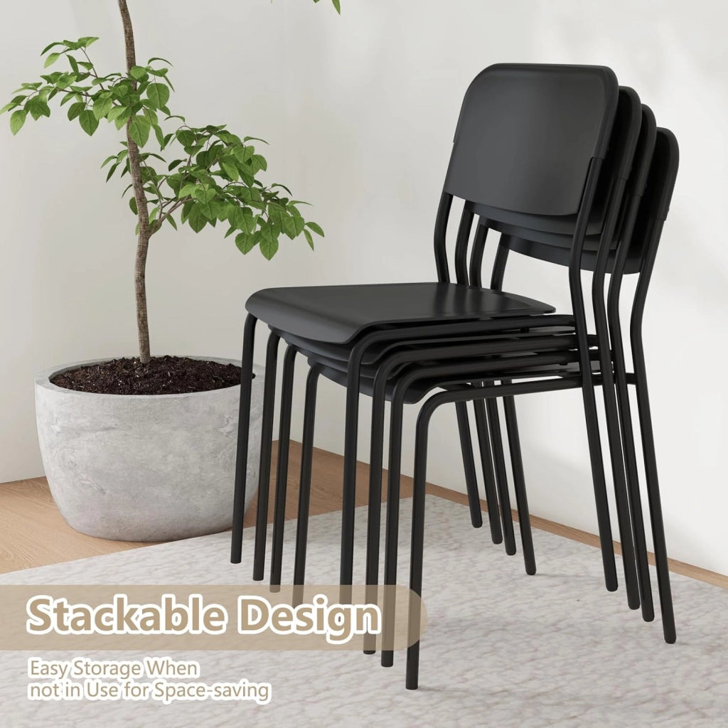 Set di 4 sedie da sala da pranzo, sedia da cucina impilabili con gambe in metallo, sedie senza braccioli, seduta e schienale in PP, per soggiorno, carico 160 kg (nero)