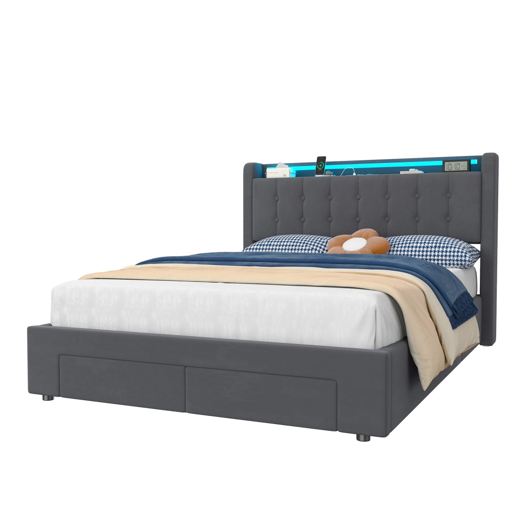 Letto imbottito 140x200 cm in velluto con LED, 2 cassetti e porte USB