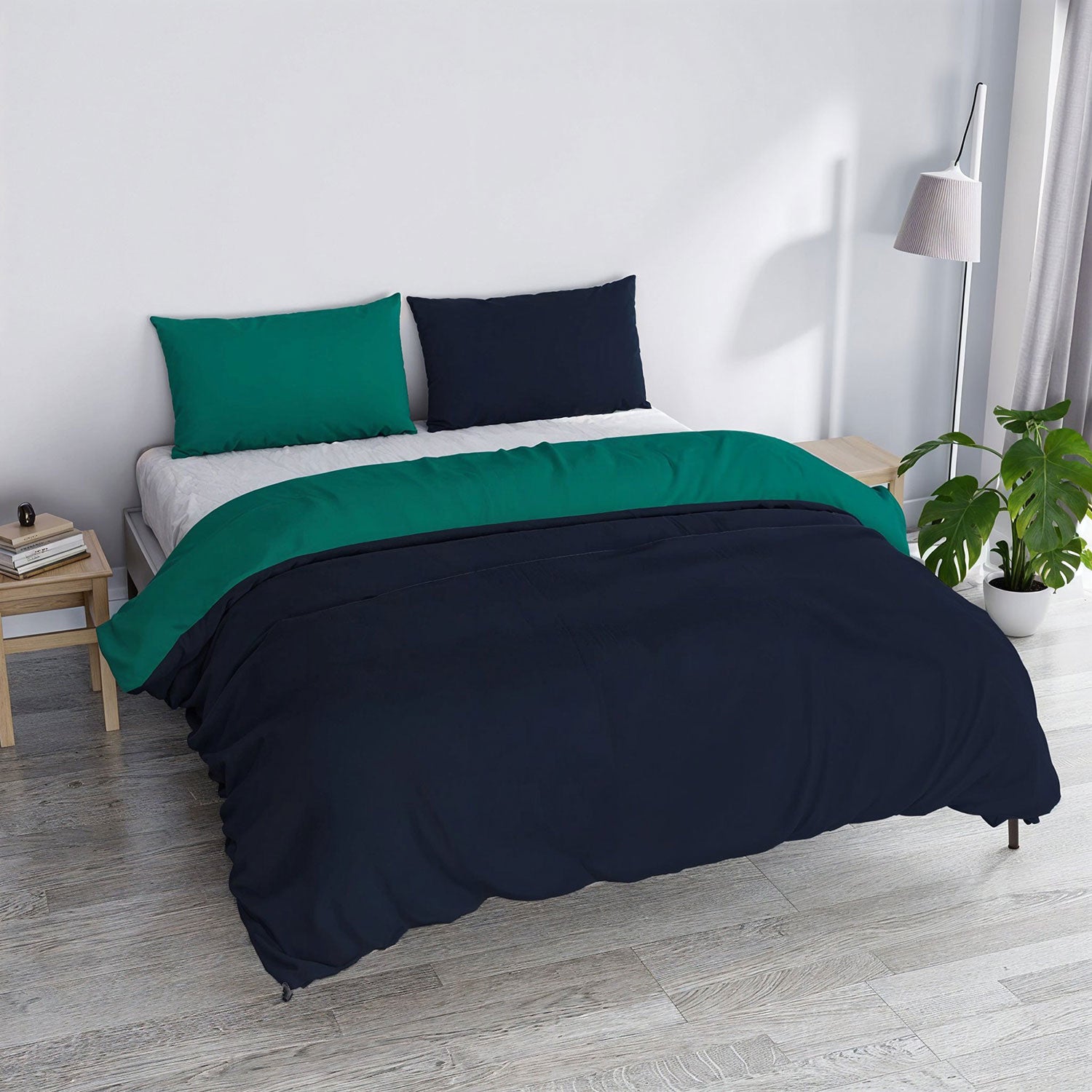 Copripiumino Piazza E Mezza con Sacco e Federe in Tinta Unita Double Face Linea Vera Blu Scuro e Acqua