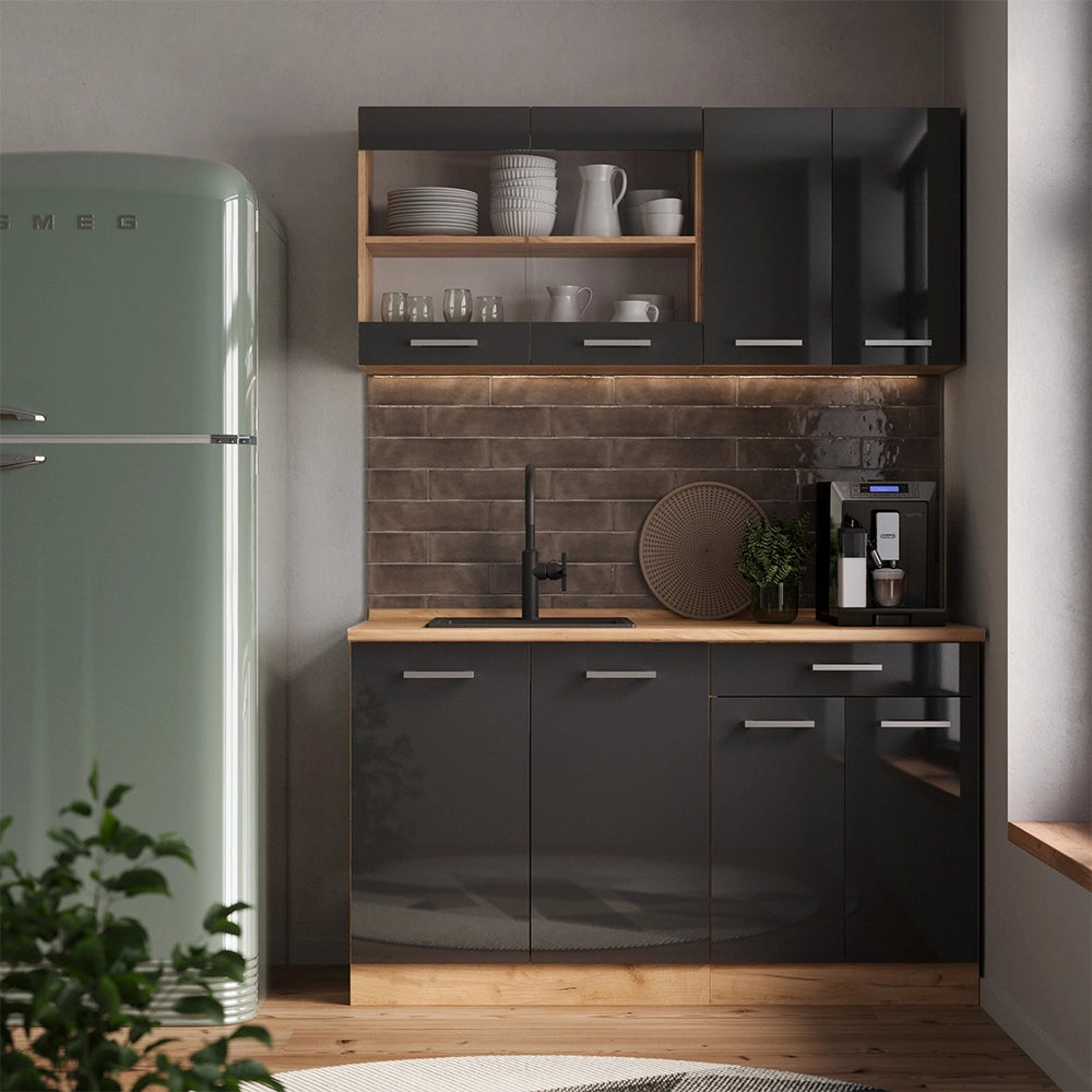 Vicco Cucina completa Antracite lucido/oro power oak 140 cm senza piano di lavoro