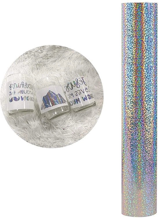 Folie autoadesiva holografica 30cm x 150cm - Glitter argento - Folio per plotter - Lavorazione DIY - Sticker auto - Grafica per vetrata