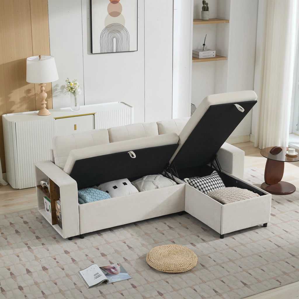 Divano ad angolo con contenitore e chaise longue reversibile in chenille beige per soggiorno 202 × 136 × 85 cm