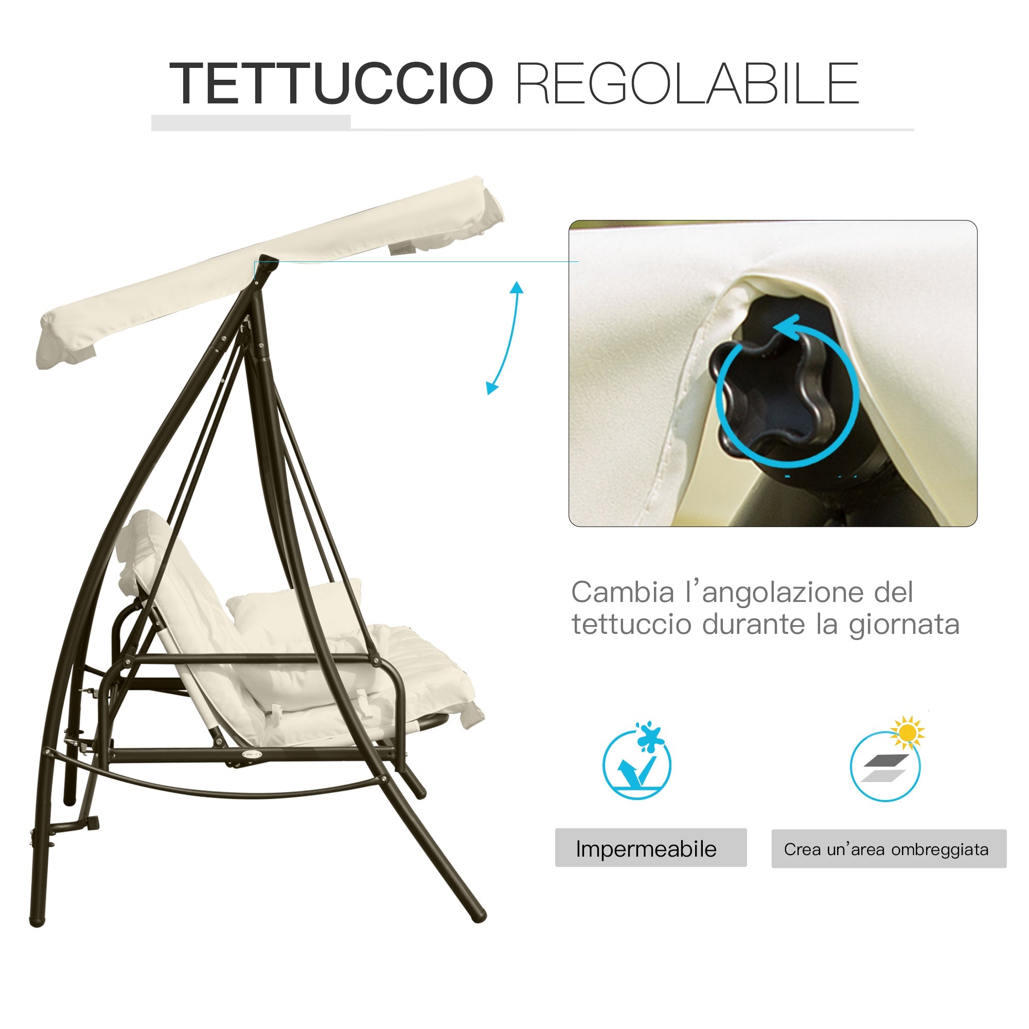 Dondolo da Giardino 3 Posti con Tettuccio Crema 200x125x170 cm
