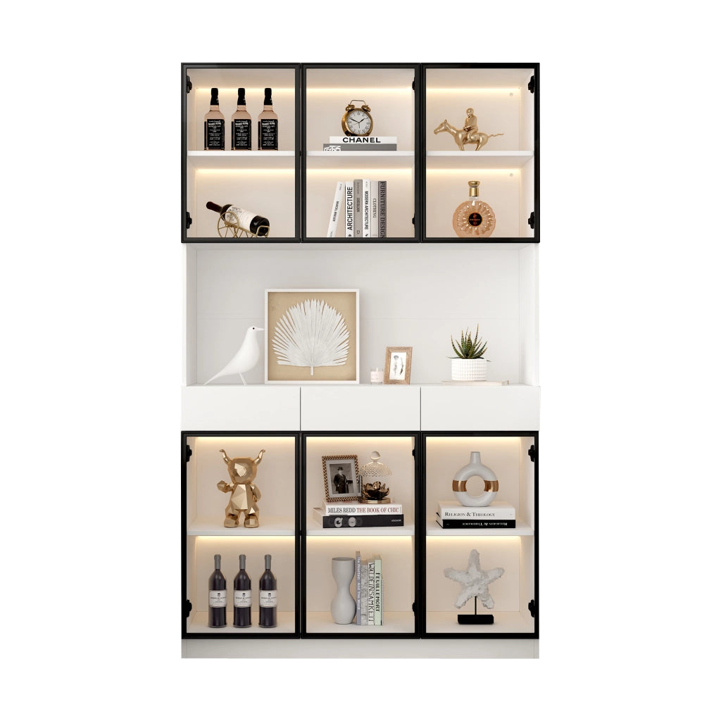 Vetrina con LED e 3 cassetti con ripiani regolabili e piano aperto per soggiorno cucina bianco 120 × 30 × 200 cm