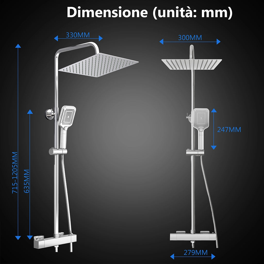 Miscelatore termostatico doccia con soffione 30x30cm e doccetta 25x10cm, colonna doccia cilindra cromo