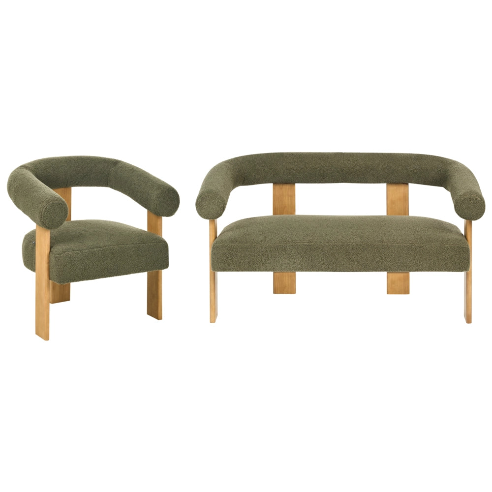Set da salotto divano a 2 posti poltrona imbottita bouclé verde e marrone chiaro stile retrò soggiorno