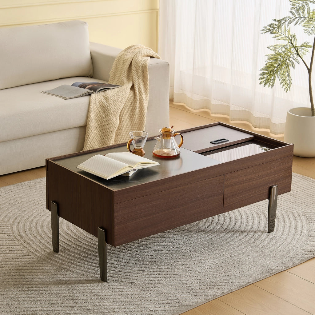 Tavolino da Caffè con 2 Cassetti; Piano Scorrevole e Piano in Vetro; Stile Industriale; in MDF; 105×50×41;5 cm; Marrone