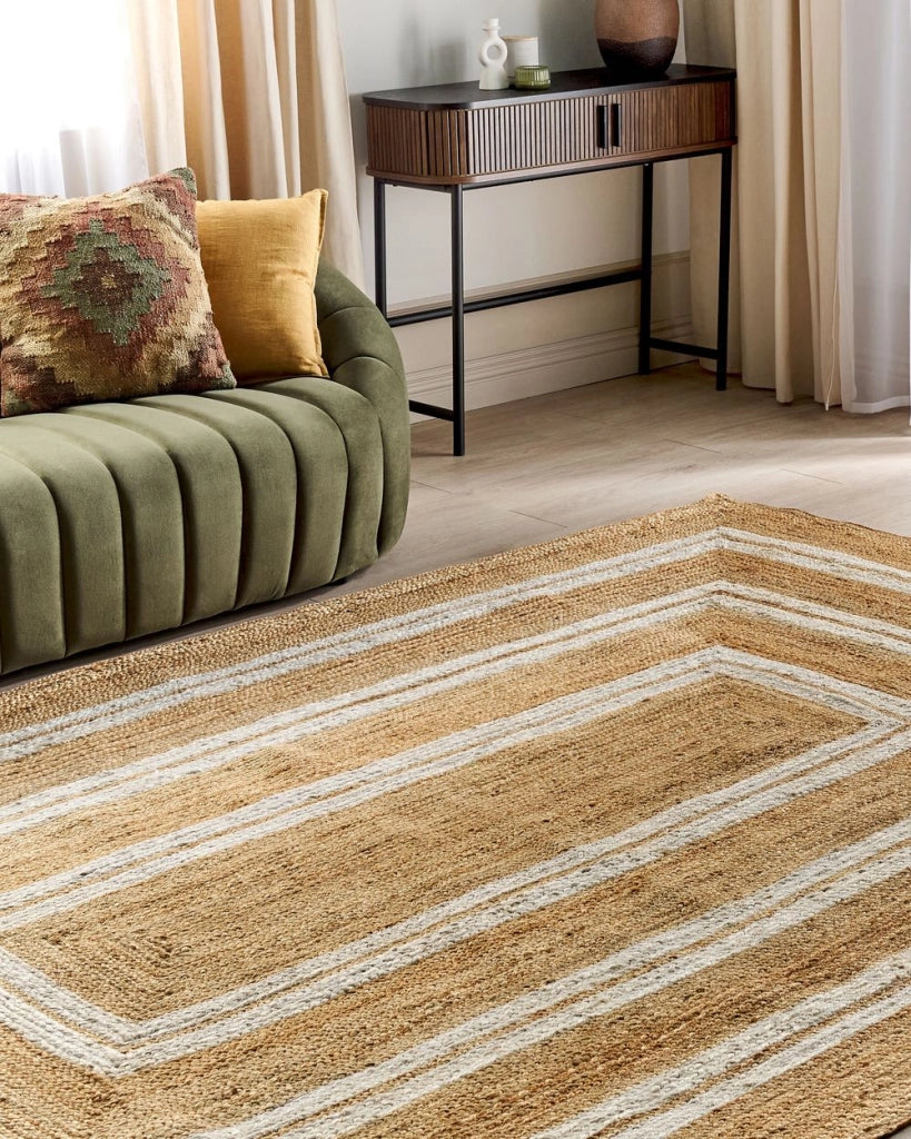 Tappeto di iuta naturale intrecciata con motivo geometrico Beige 200 x 300 cm stile boho camera da letto soggiorno