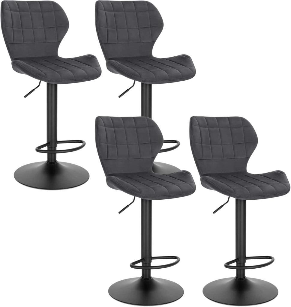 Set di 4 Sgabelli da Bar con Schienale e Poggiapiedi Girevoli a 360° Sedia Alta da Cucina con Seduta Regolabile tra 60-82cm in Velluto e Metallo Grigio Scuro BH324dgr-4