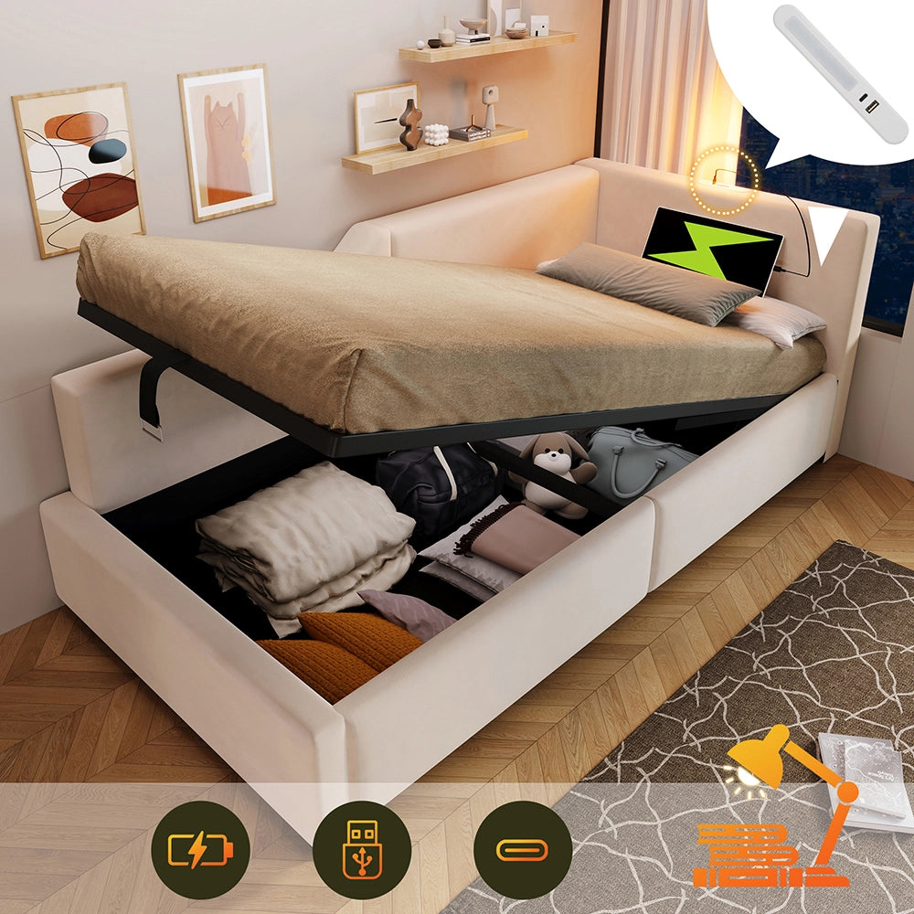 Letto a cassone per bambini - Xylo - 90x200 cm - Beige - Luci notturine e USB-C
