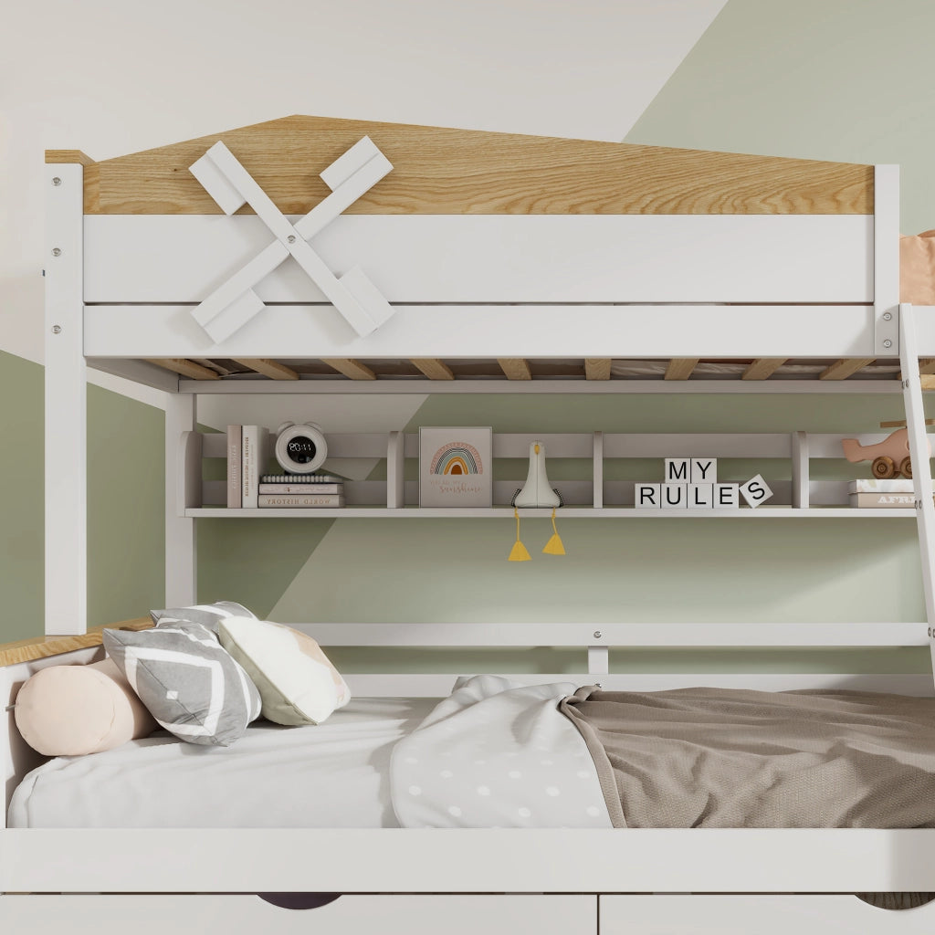 LETTO a castello con mulino a vento e scaffali 90x200+140x200 cm Bianco/Naturale