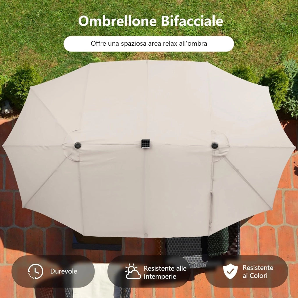 Ombrellone Doppio da Giardino 450 x 260 cm, con 48 Luci LED e 12 Stecche, Ombrellone Rettangolare con Manovella, per Giardino Piscina Cortile (Beige)