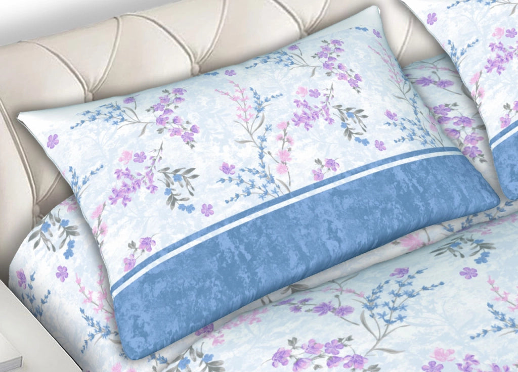 Completo Lenzuola 100% Cotone Made Italy Fantasia Floreale Venezia C.N - Matrimoniale - Azzurro