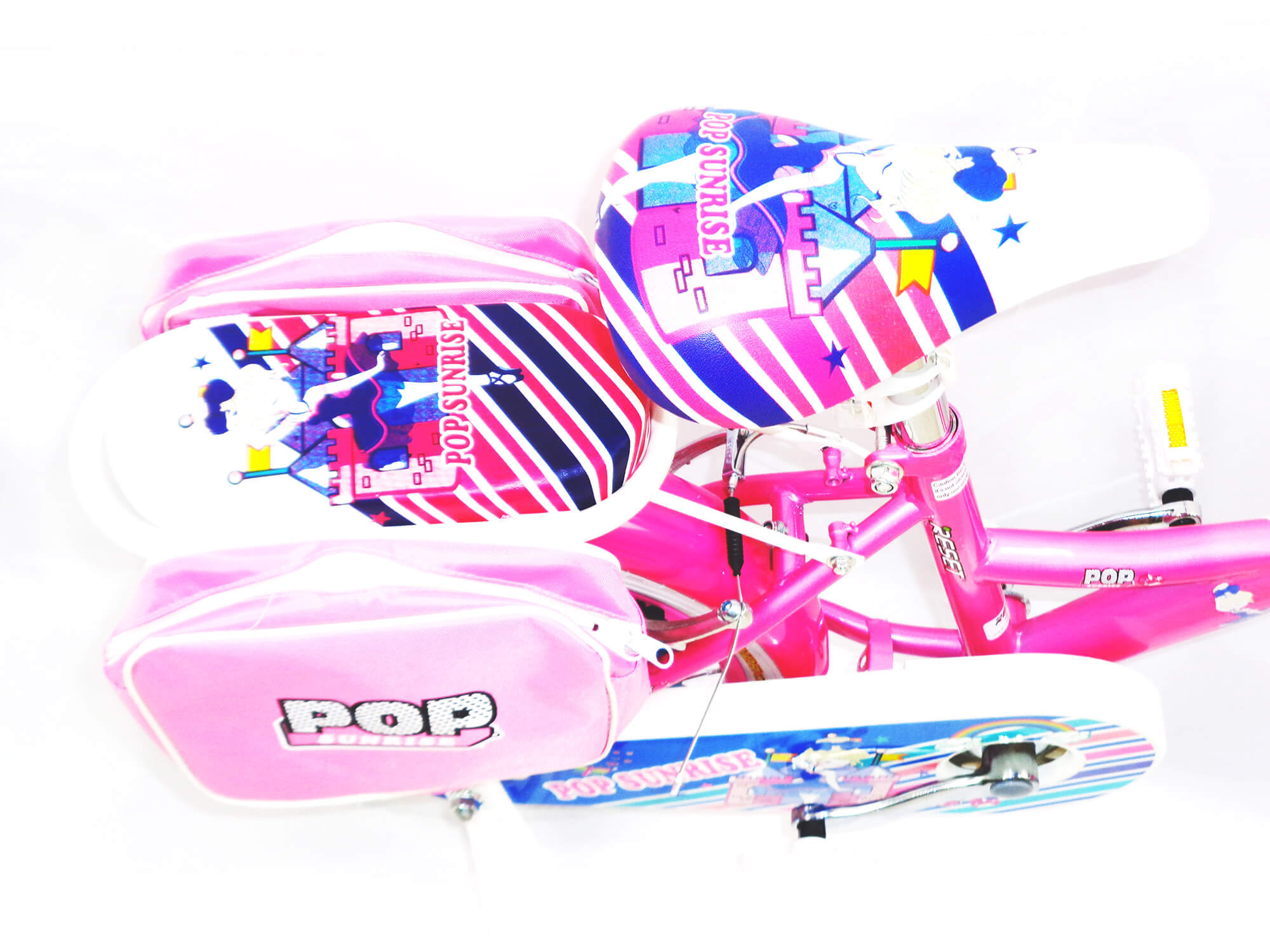 Bicicletta per Bambina 12" 2 Freni con Cestino e Borse Laterali Rosa e Bianca