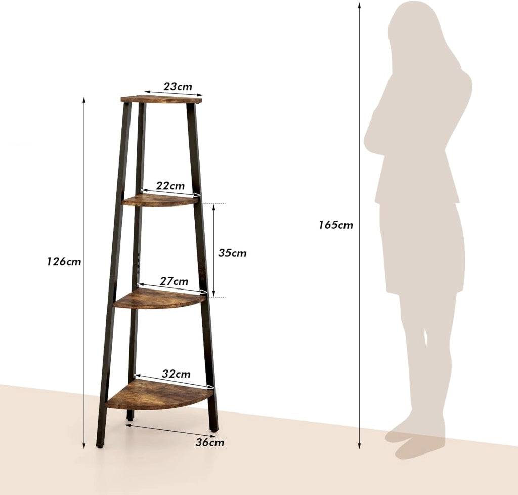 Scaffale d’Angolo a 4 Livelli, Scaffale di Stoccaggio in Metallo, Organizzatore Multiuso per Soggiorno Bagno Studio, 34x36x126 cm