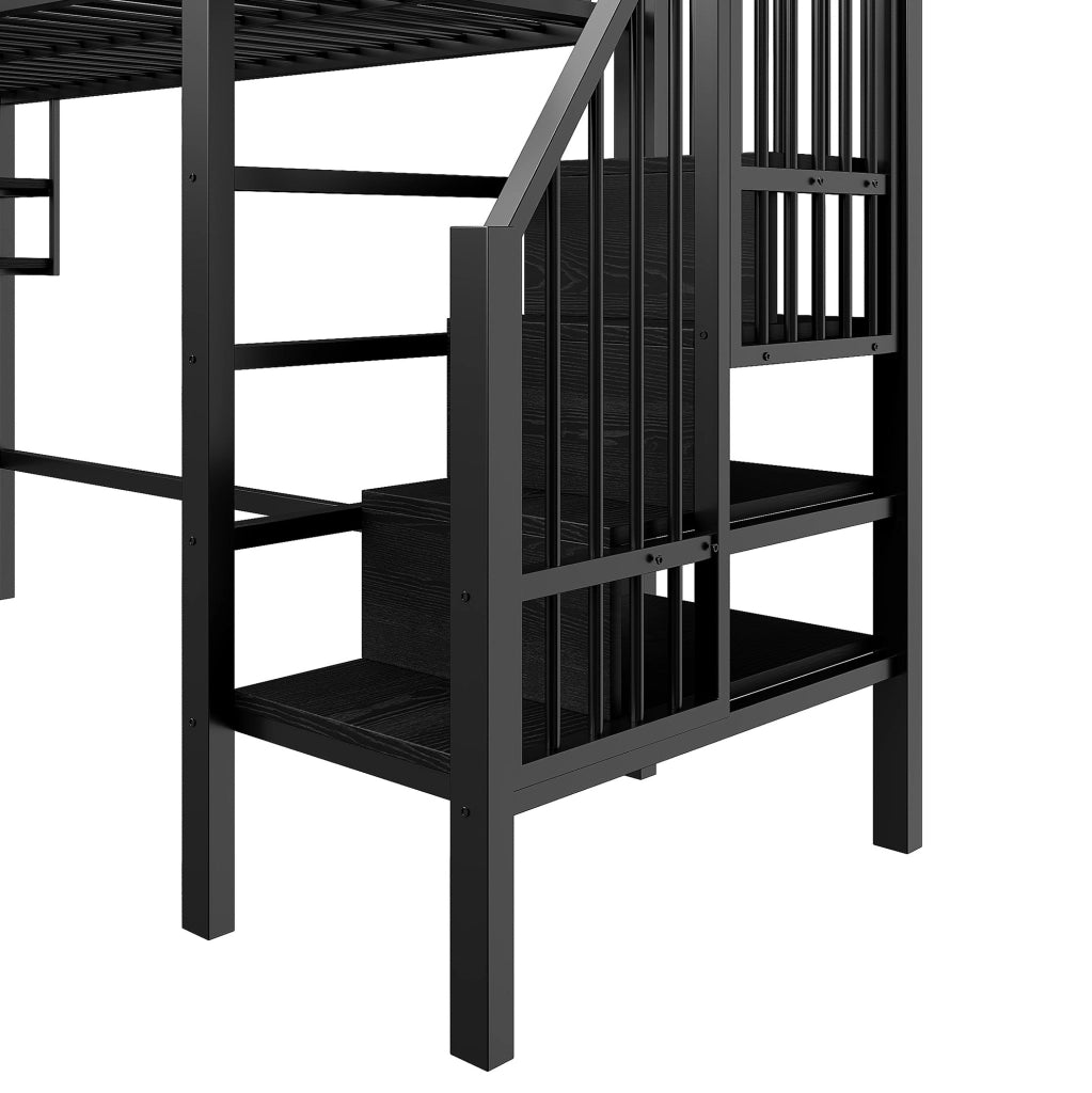 Letto a soppalco per bambini 90x200 cm nero con scaffali e scala contenitore