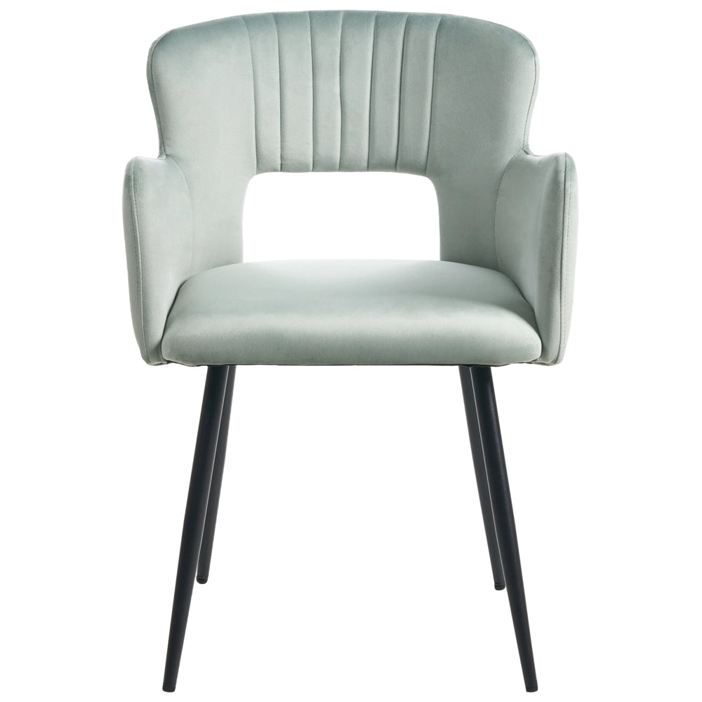 Set di 2 sedie da pranzo velluto azzurro braccioli schienale intagliato gambe in metallo moderna industriale