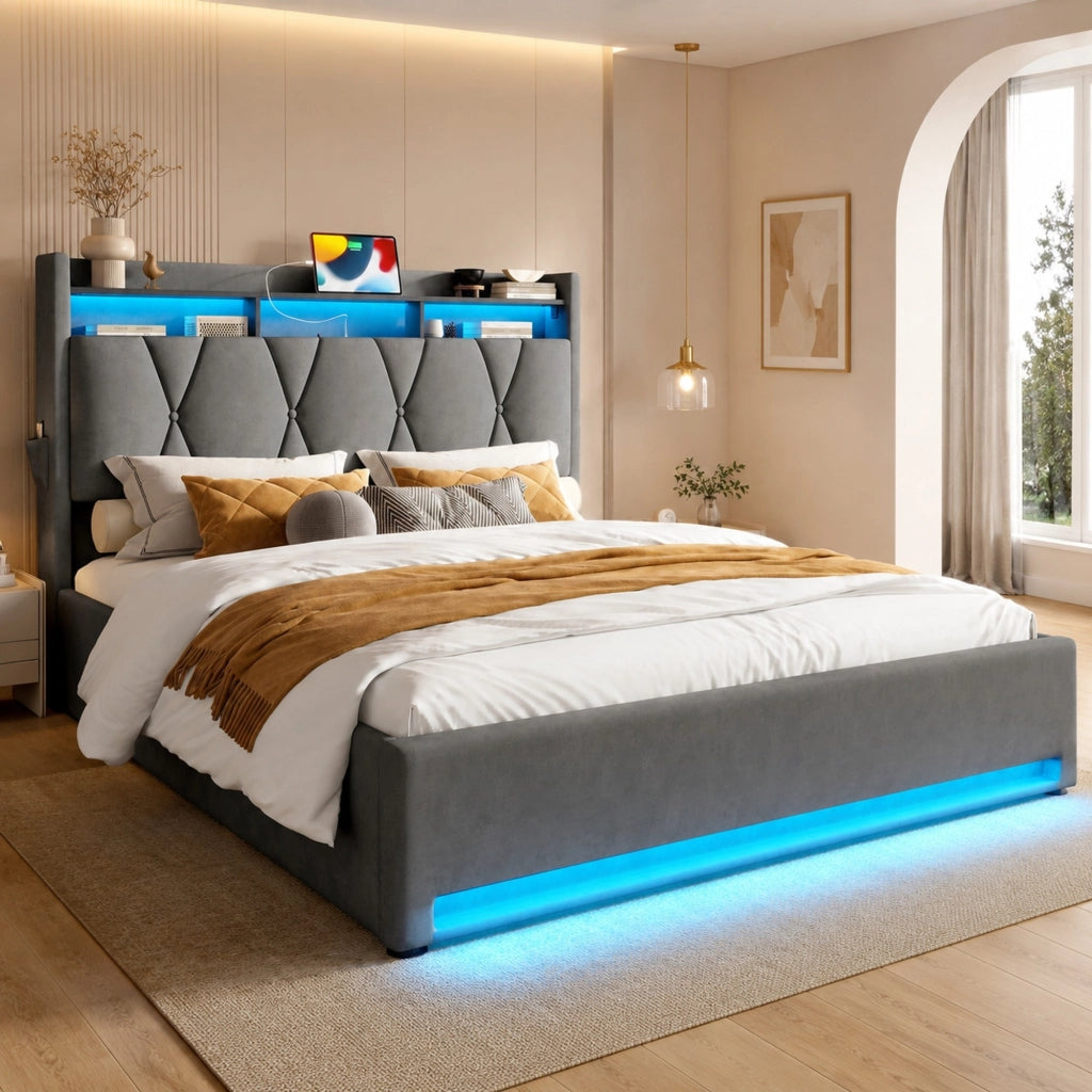 LETTO Imbottito 160x200 cm in velluto grigio con LED, USB e vano contenitore