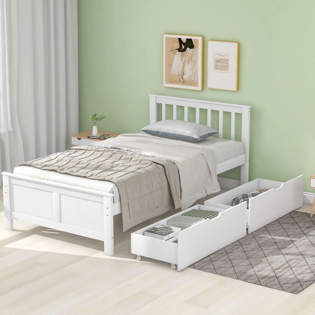 OKWISH Letto con Cassetti 90×200 cm, Letto Singolo con 2 Cassetti, Testiera a Listelli e Piede Centrale, senza Materasso, Bianco