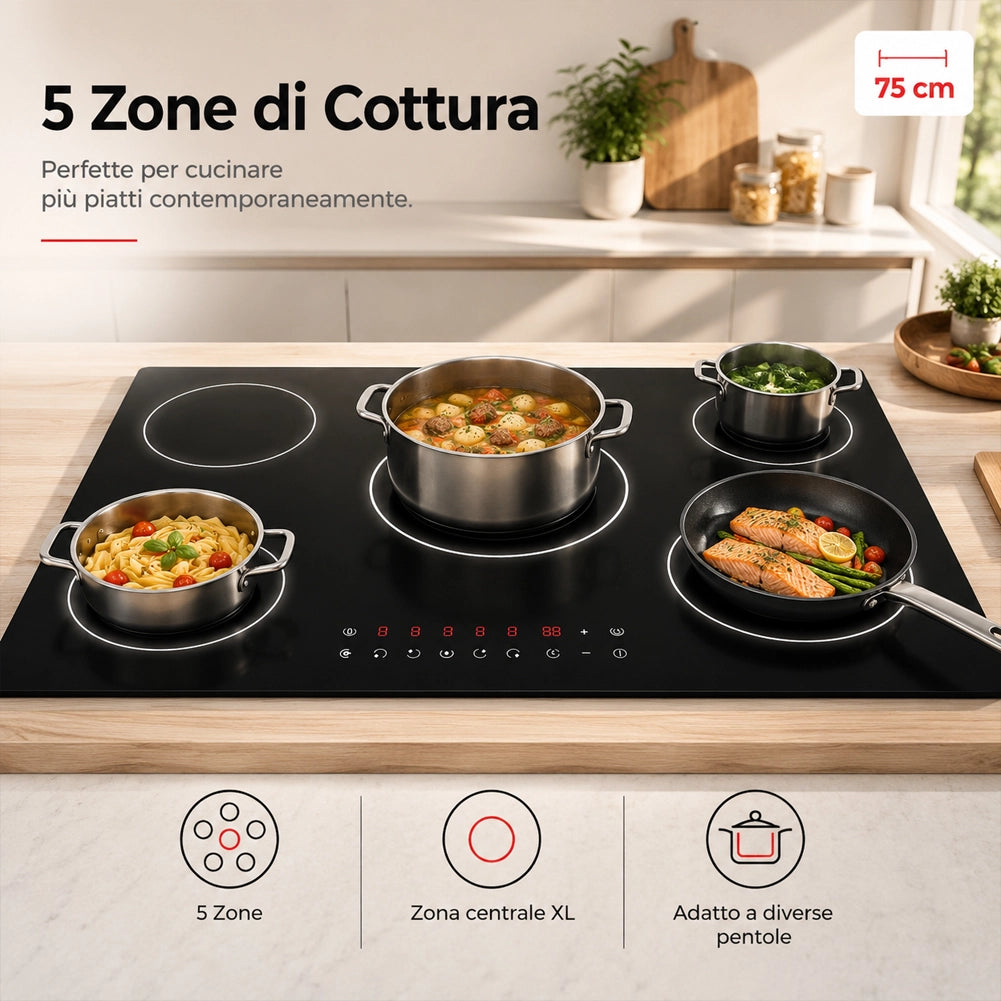 Piano Cottura a Induzione 75 cm in Vetroceramica Nero Controllo Touch 5 Fornelli