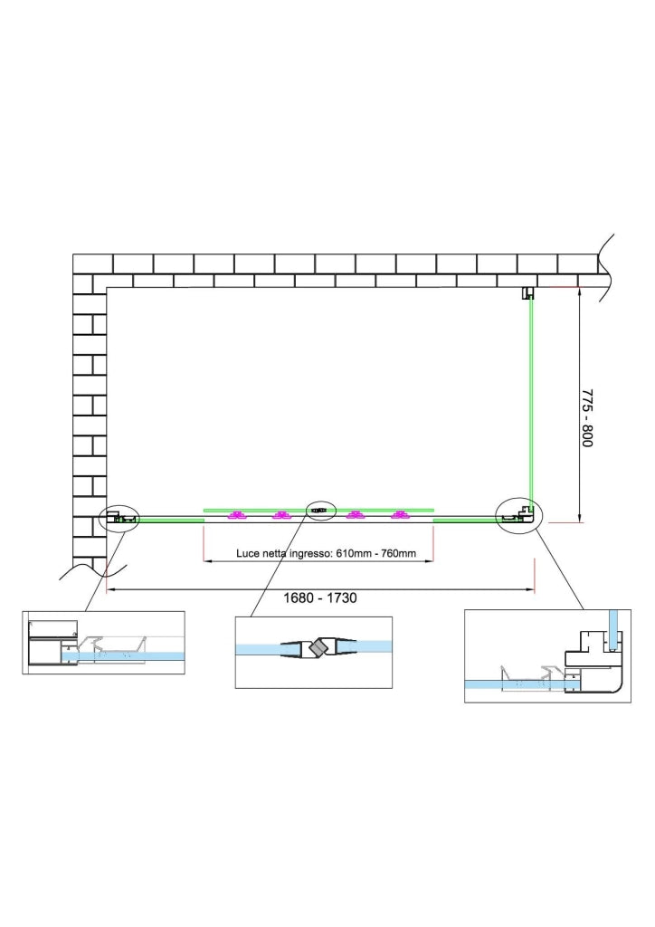 Box doccia 6 mm H 190 parete fissa e porta a 4 ante con apertura centrale MISURA 77,5-80 ANTA FISSA + PORTA 168-173