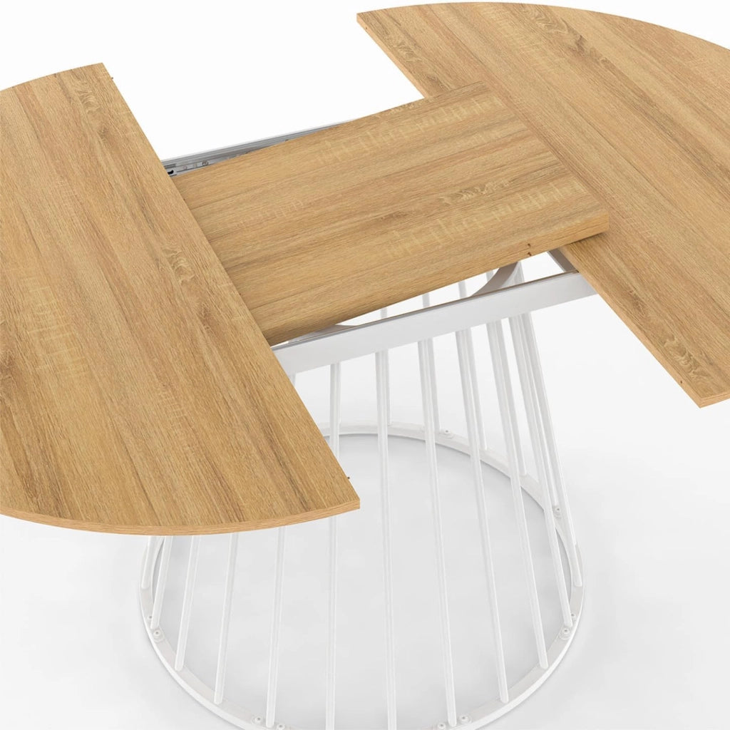 Tavolo da pranzo rotondo allungabile YUNA per 4-8 persone con piano in legno e gamba in filo metallico bianco 110-150 cm