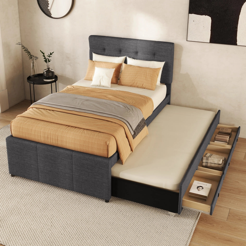 LETTO imbottito estraibile 90x200 cm grigio in lino con 3 cassetti