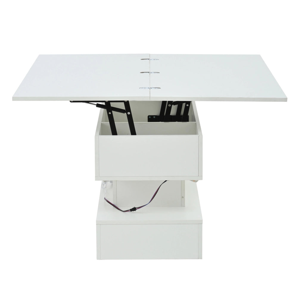 Tavolino da caffè bianco sollevabile 100×50 cm con LED, prese, USB-C e vano contenitore