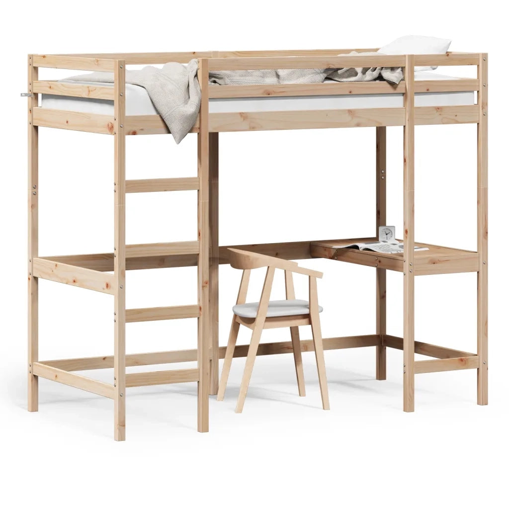 Letto singolo | Letto per adulti | Letto Soppalco con Scrivania 100x200 cm Legno Massello Pino