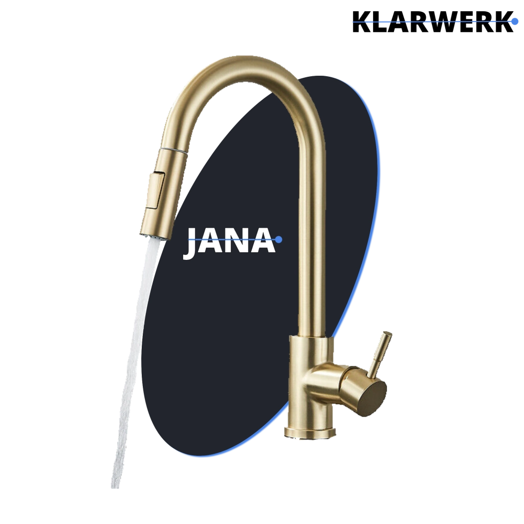 JANA | Rubinetto da cucina estraibile Premium in acciaio inox spazzolato oro | Rubinetto gastro alta pressione ruotabile a 360° 2 attacchi