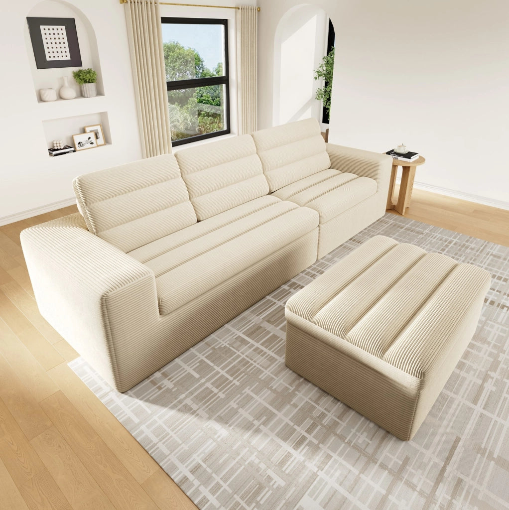 Divano angolare modulare 4 posti beige in velluto a coste senza telaio, versatile e confortevole