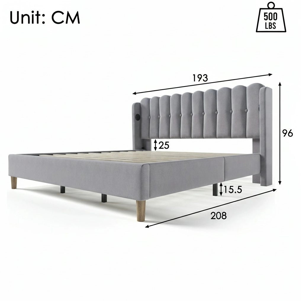 Letto matrimoniale 180x200 cm con USB e USB C; lino grigio