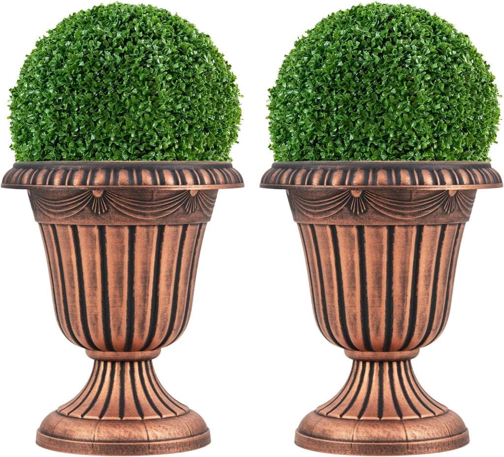 Set di 2 Vasi Alti, Vasi per Fiori in Plastica a Forma di Urna con Base a Piedistallo e Foro di Drenaggio, Contenitori Decorativi per Piante per Interni ed Esterni (Bronzo)
