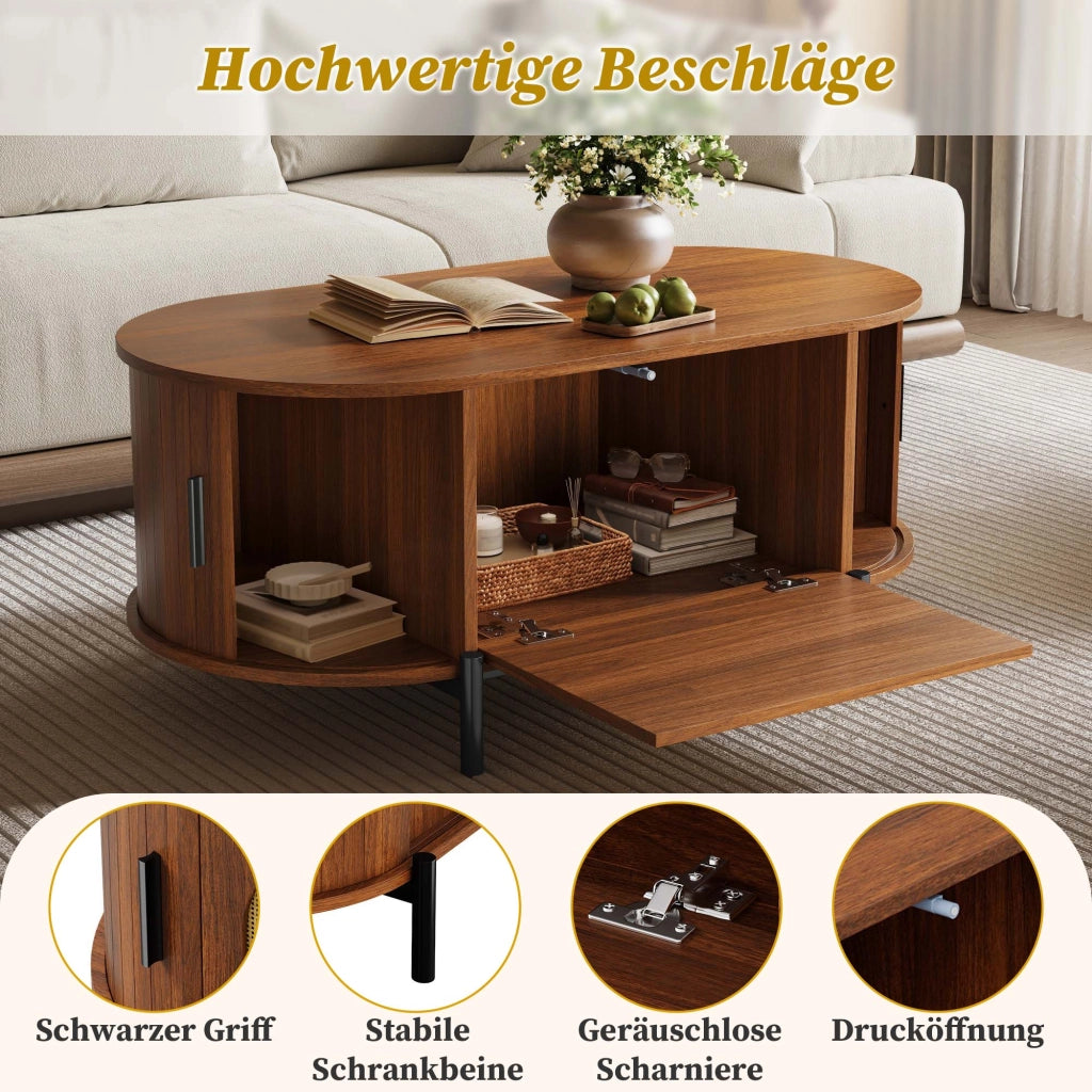 Tavolino basso ovale con ante scorrevoli in rattan e vani contenitore, per soggiorno, in MDF, noce, 100 × 50 × 40 cm