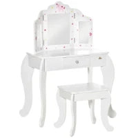 Toeletta per Bambini con Sgabello, Tavolo Trucco con Triplo Specchio e Cassetto, 63x40x85.5cm, Bianco