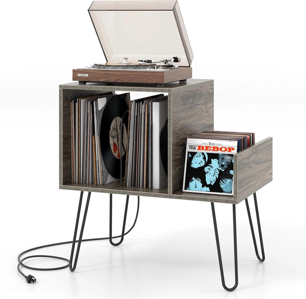 Supporto per giradischi, 66 x 45 x 67 cm, tavolino con stazione di ricarica integrata, mensola in vinile con gambe in metallo, armadio per camera da letto, soggiorno (nero)