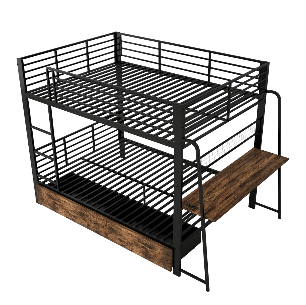 Letto a soppalco ULEVR 140x200 cm con scrivania, LED RGB, presa USB e Type-C, nero