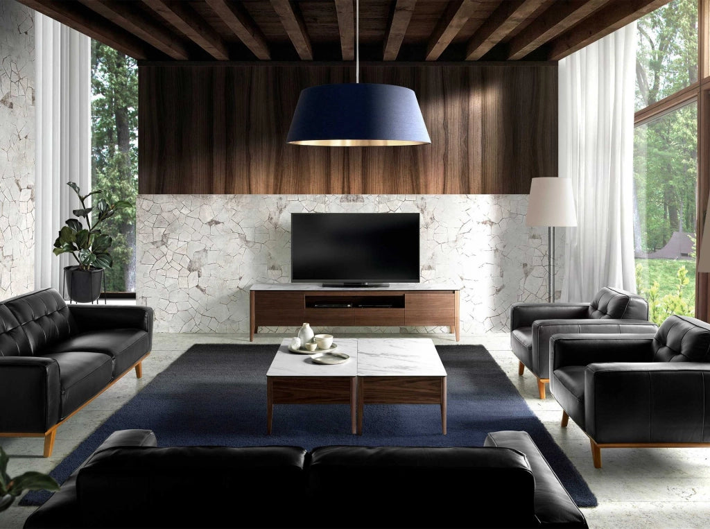 Porta TV in noce con piano in vetro a imitazione del marmo