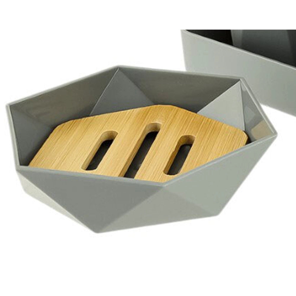 Trade Shop - Piattino Porta Sapone Saponetta Forma Esagonale Geometrico Grigio Legno Da Bagno 10848 -