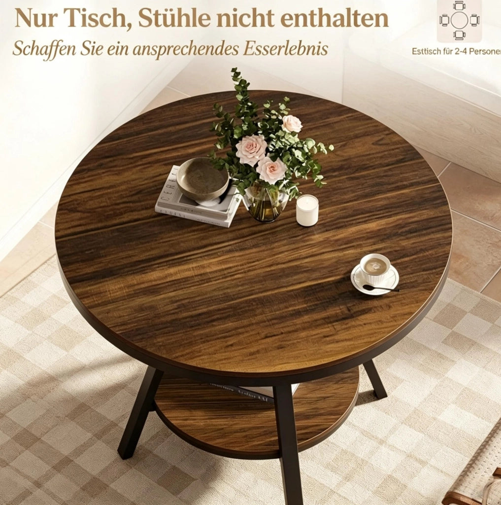 Tavolo da pranzo rotondo ULEVR ? 90 cm con ripiano inferiore, MDF e metallo, nero e marrone rustico
