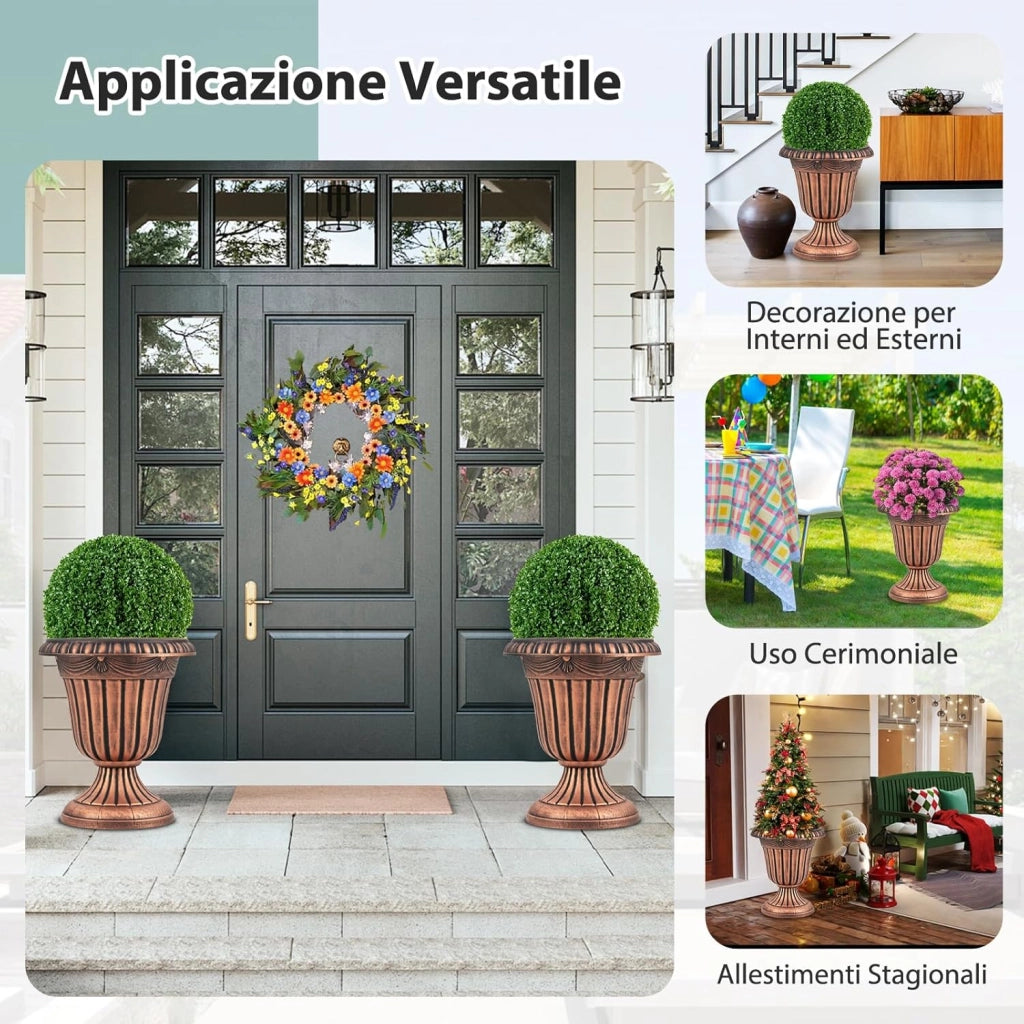 Set di 2 Vasi Alti, Vasi per Fiori in Plastica a Forma di Urna con Base a Piedistallo e Foro di Drenaggio, Contenitori Decorativi per Piante per Interni ed Esterni (Bronzo)