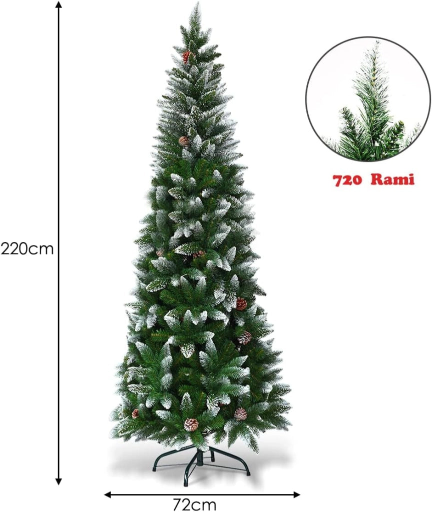 Albero di Natale Innevato 220 cm, Albero di Natale Slim con Pigne, Base di Metallo e Rami Rigogliosi in PVC, Albero di Natale per Casa, Ufficio e Negozio (220 cm)
