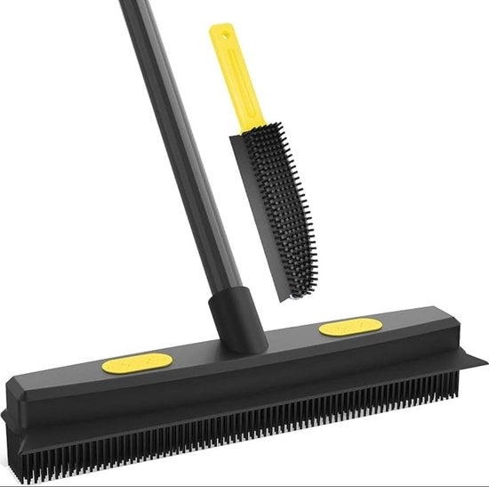 Borsetto in gomma con aspiratore, setole in gomma di 34 cm con manico telescopico in acciaio, spazzola per pelo di animali, spazzola per pavimenti in moquette, legno e vetri, per interni ed esterni, impermeabile, giallo