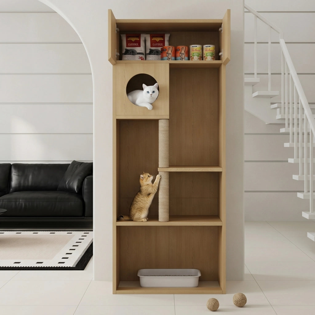 Mobile contenitore per gatti con tiragraffi in sisal; cuccia rotonda e vano chiuso con ripiani; in MDF; 80×45×193 cm