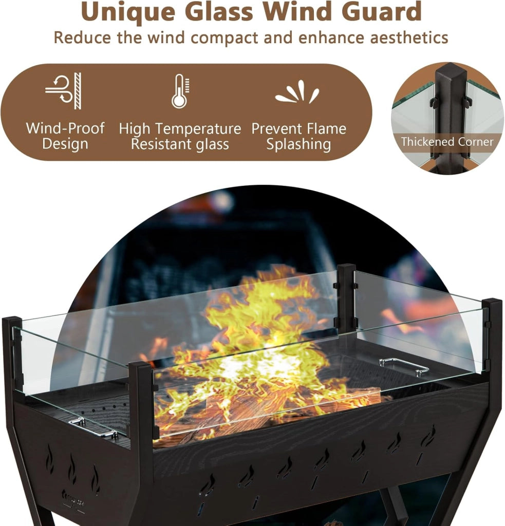 Barbecue a Carbone da Legno, con Parabrezza e Portaspezie, Griglia per Barbecue in metallo, Barbecue da campeggio con Coppia di guanti, Barbecue Esterno 3 in 1, 98 x 70 x 68 cm, Nero