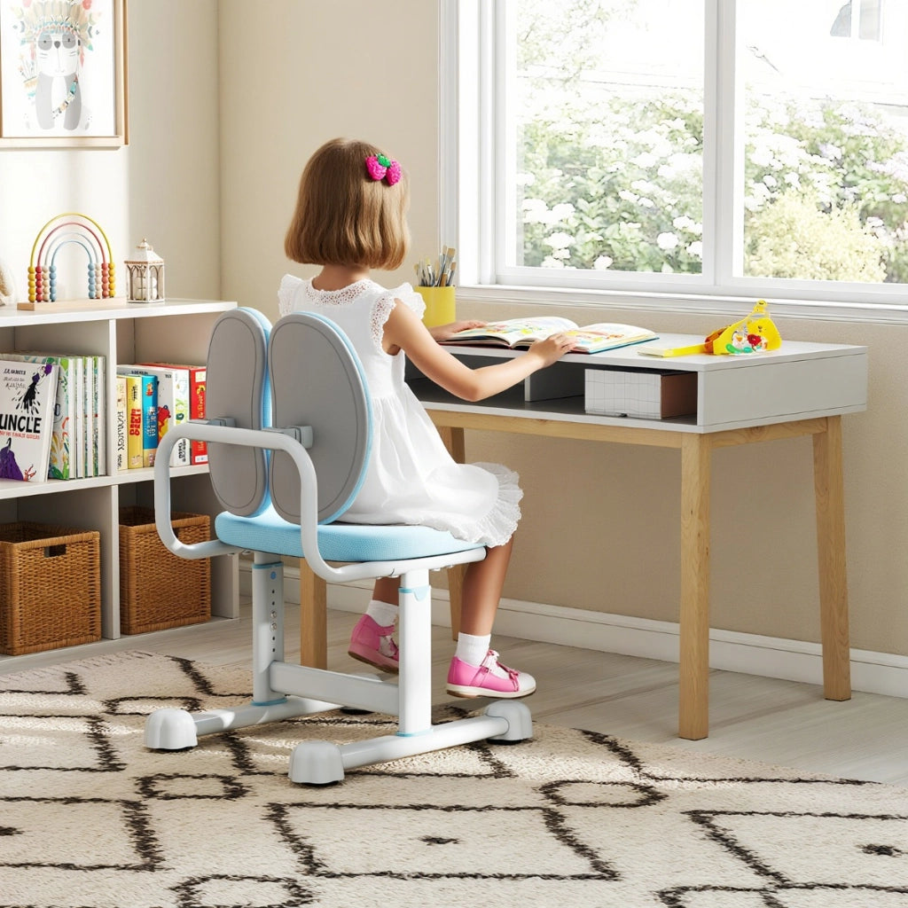 Sedia per studiare con doppio supporto lombare e altezza regolabile, Sedia da compiti imbottita per casa e scuola Blu